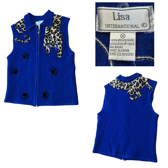 Vintage Blue Wool Leopard  Zip up Sweater Vest / Women’s Small - - Picture 3 of 5